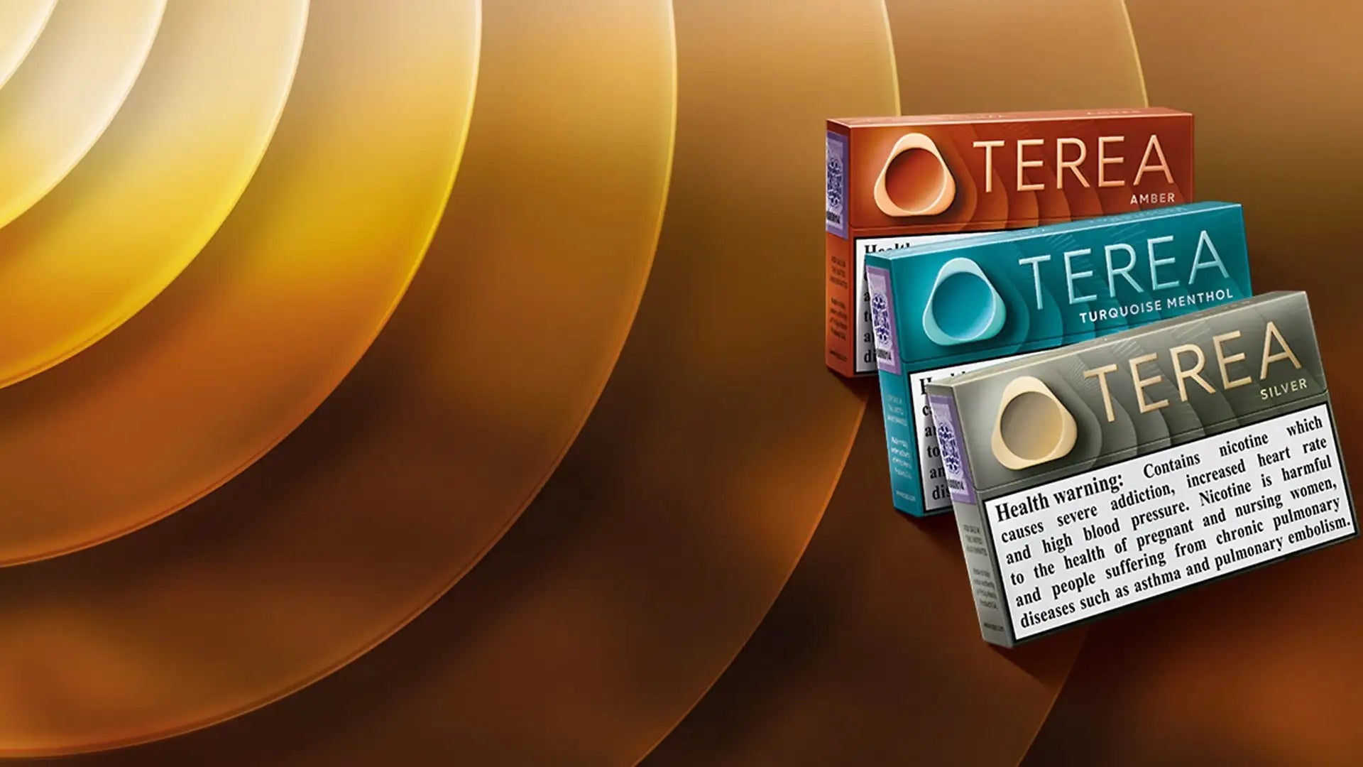 Three rectangular packages of terea brand tobacco products, each with a distinct color—amber, turquoise menthol, and silver—with the brand name prominently displayed on their front.