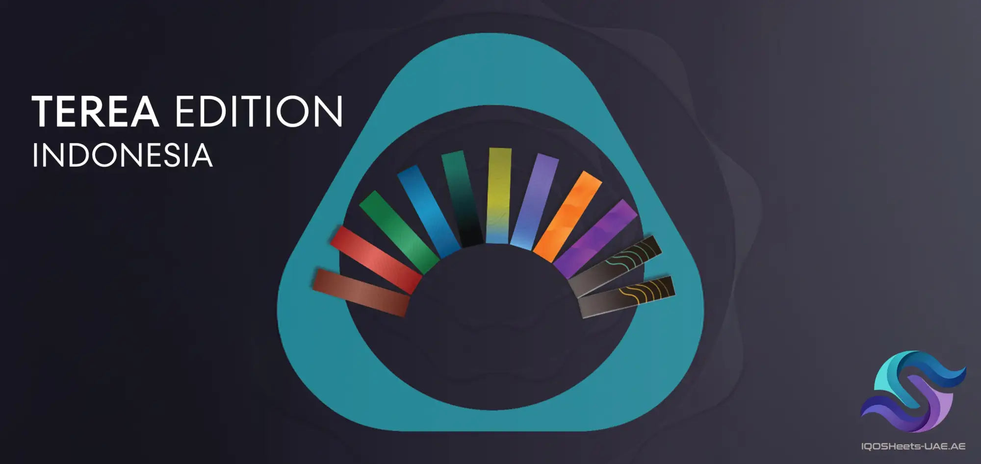 Teal-colored triangular logo featuring a fan-like arrangement of colorful, striped rectangular bars.