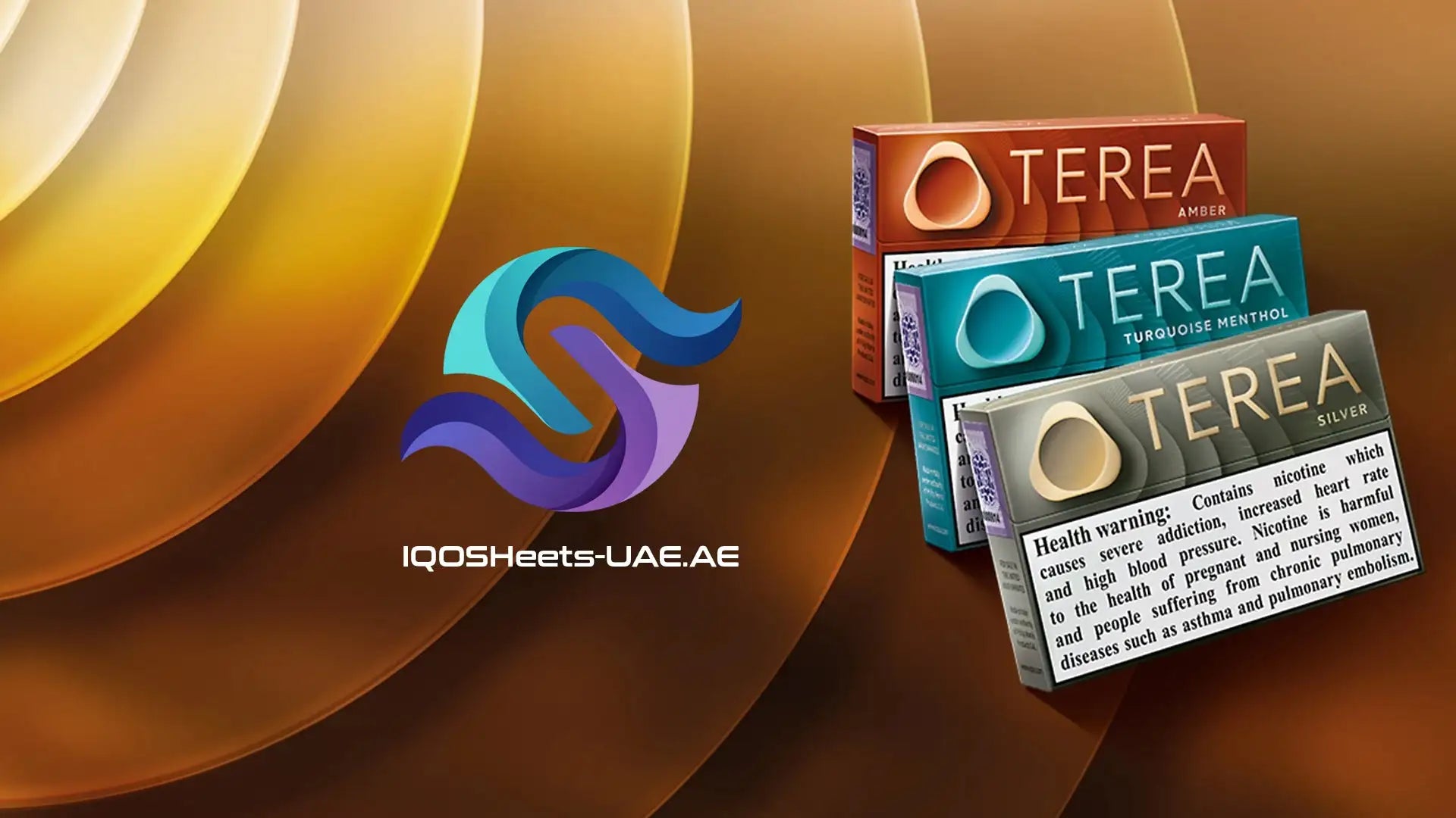 Three rectangular cigarette packs of the brand terea, featuring distinct color schemes and flavor names: amber in orange, turquoise menthol in teal, and silver.