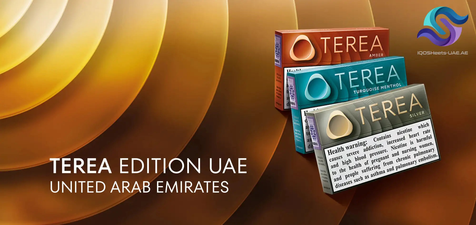Three rectangular cigarette packs of terea, featuring amber, turquoise menthol, and silver flavors with sleek metallic finishes.